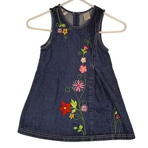 Vintage Duck Head Denim Jumper Dress Flowers Girls Size 4 Embroidered Zipper‎